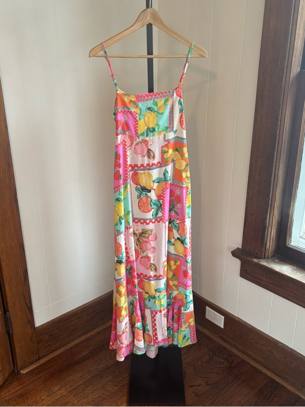 Paper Heart Fruit Floral Patchwork Maxi Dress Tie Back Womens XS NWT Resortwear